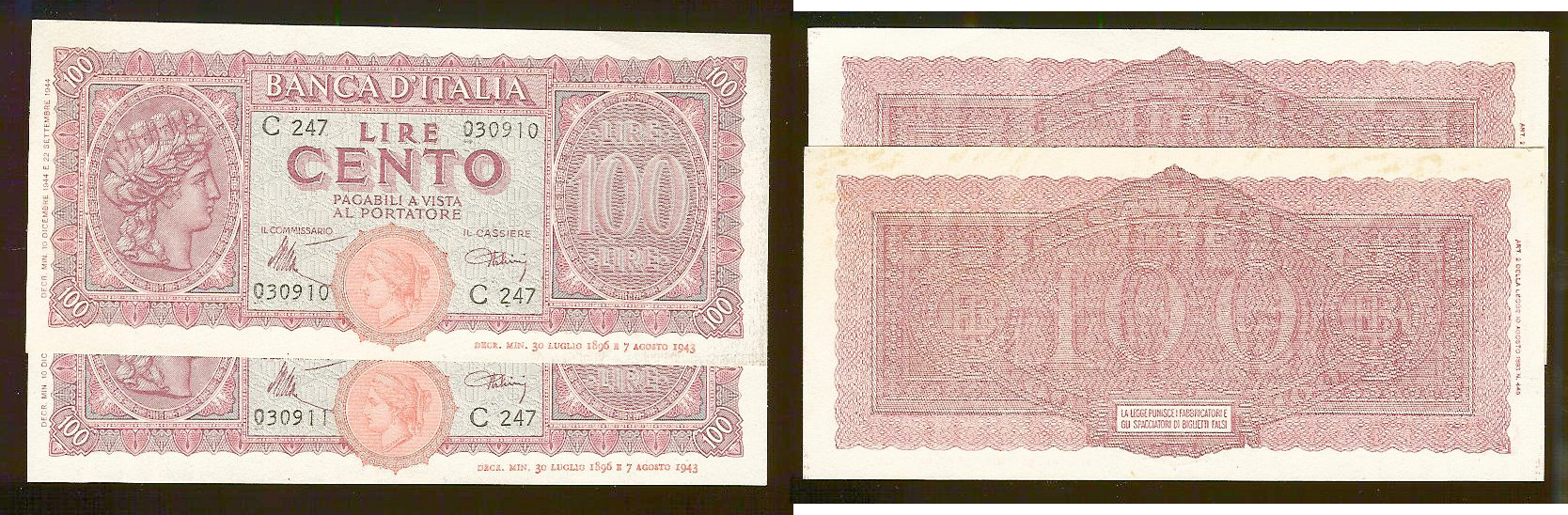 Italy 100 lira(2X)1944 AU+